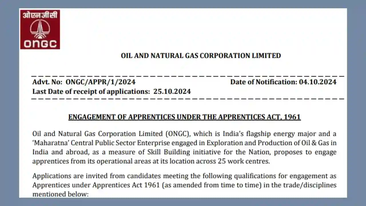 ONGC Apprentice Recruitment 2024: (Vacancy, Admit Card Download, Application Fee, Post, Apply Date, Direct Link, Last Date, Exam Date, Documents, Answer Key, Syllabus, Subjects, Hall Ticket, Application Form, Official Notification, Official Website, How to download, pdf, Form pdf)